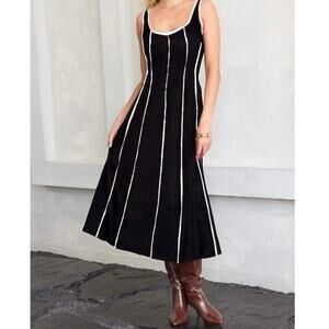 LOFT Black Midi Dress with White Vertical Piping